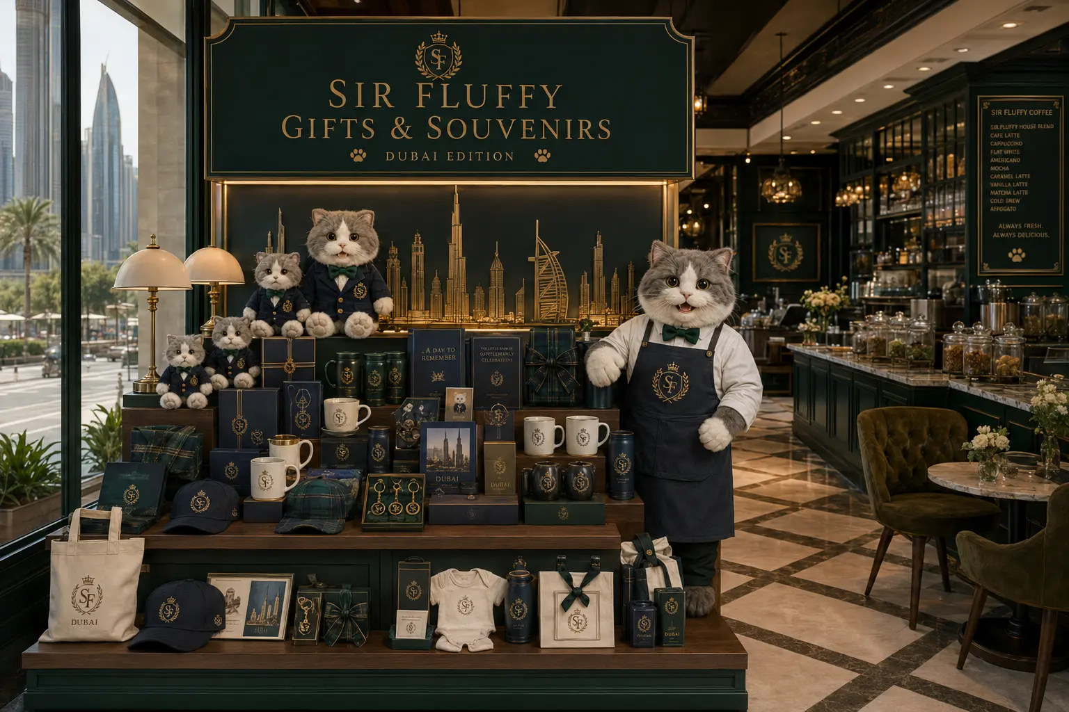 Sir Fluffy Dubai Edition display with a gold skyline backdrop and branded souvenirs