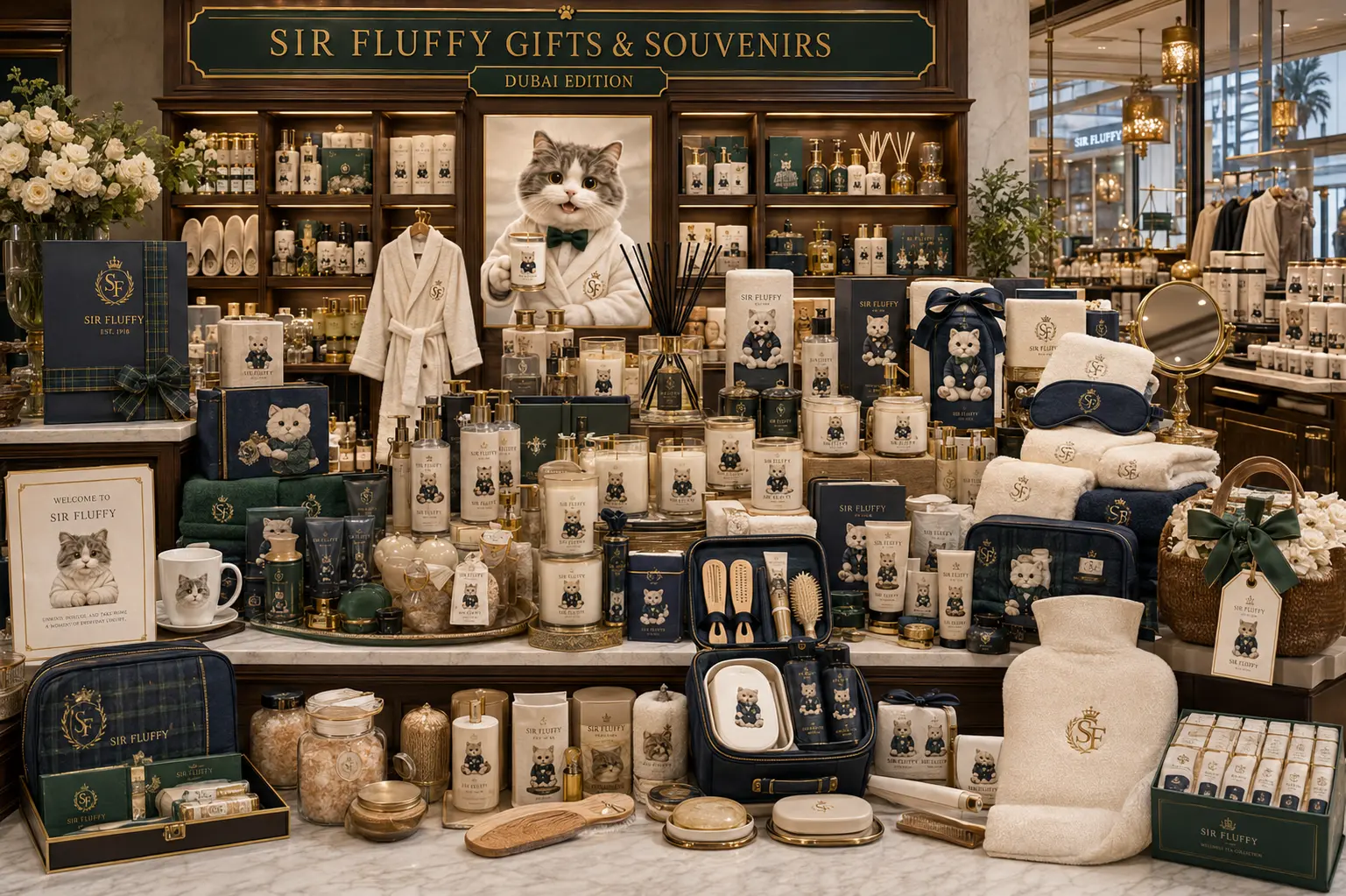 Sir Fluffy bath, body and home display with robes, towels, diffusers, candles, soaps, grooming sets and glass jars