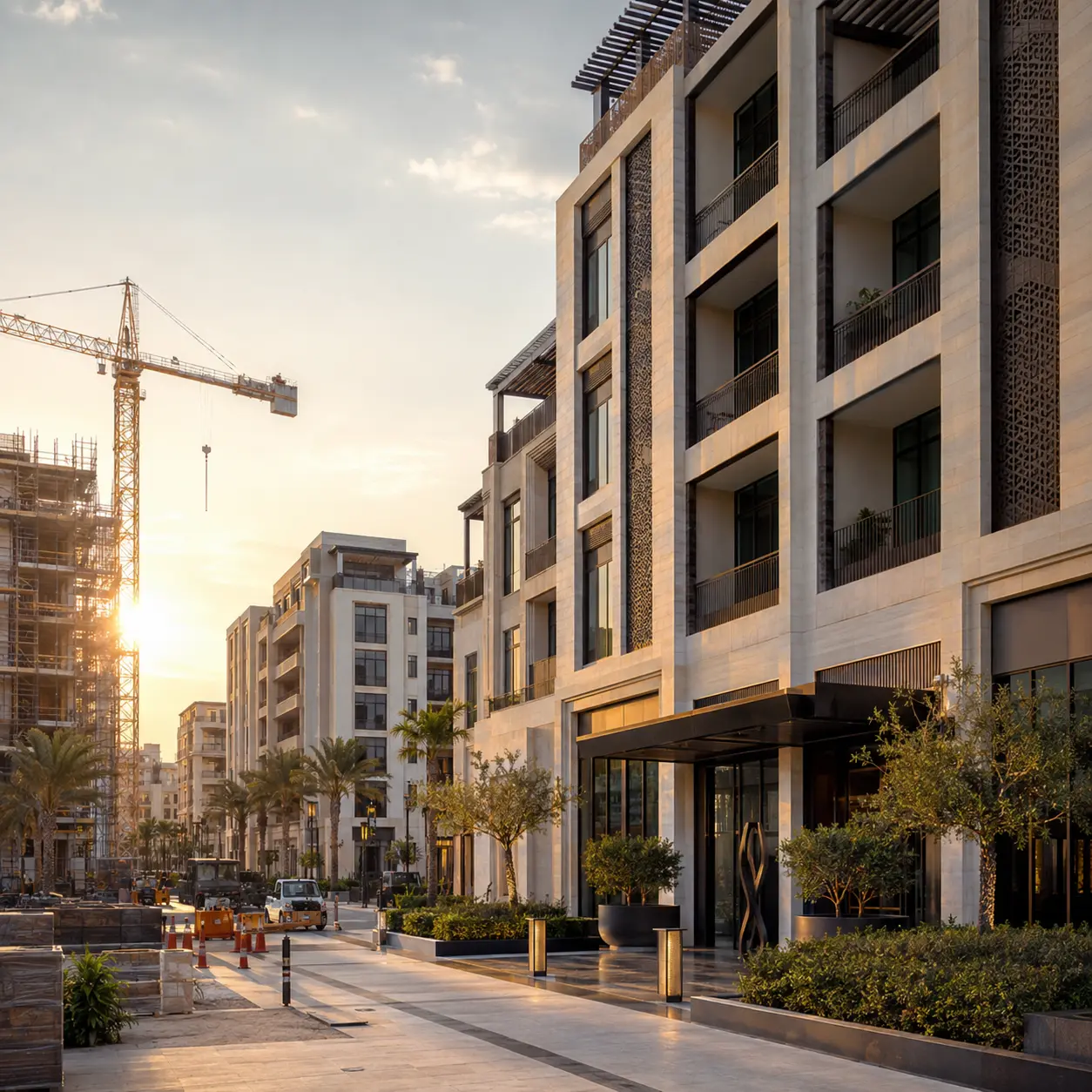 Completed stone-clad residential street handed over beside an adjacent block still under crane