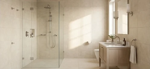 Warm Hotel Classic bathroom pod finish with beige porcelain tiles, walk-in shower and timber vanity