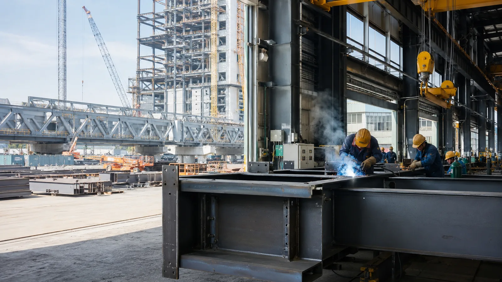 Heavy structural steel fabrication bay with welded beams, columns and plate girders of the type used in high-rise frames and steel bridges, positioned on jigs while fabricators work along the span