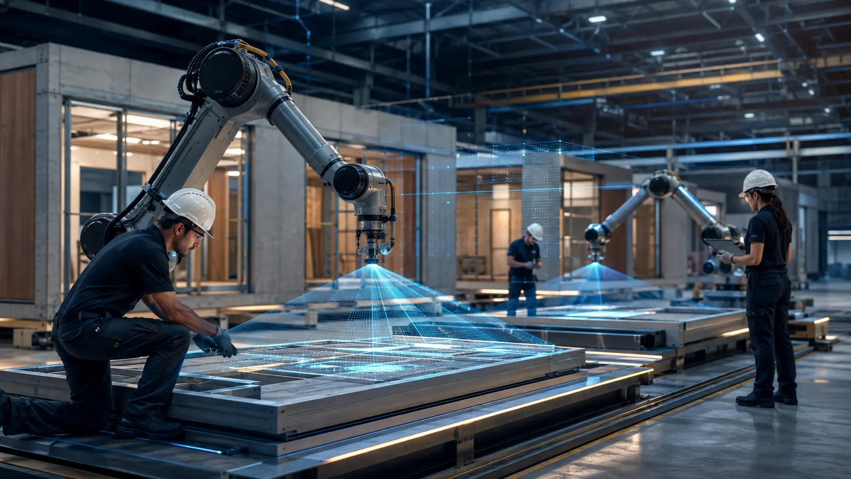 Robotic arms and technicians assembling modular building panels under laser scanning in the Avanti plant