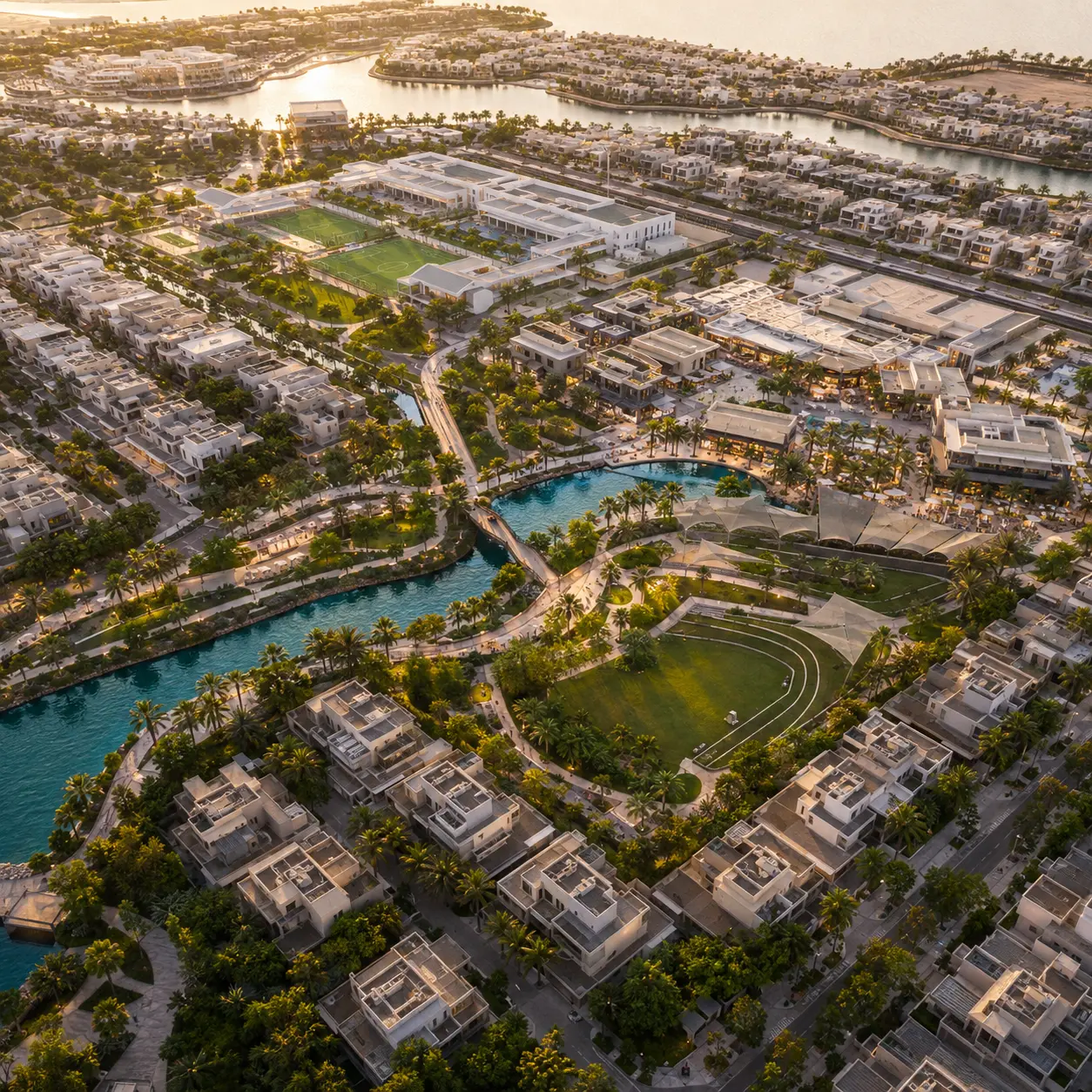 Aerial view at sunset of an Avanti master-planned waterfront community with villas, parkland, canal and a retail spine