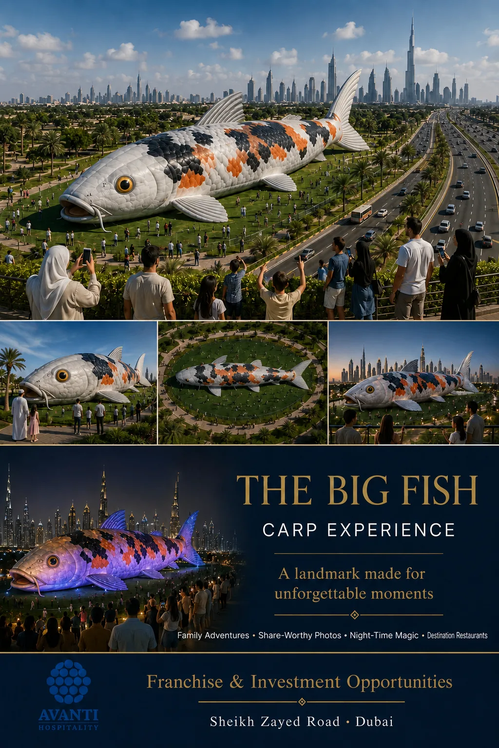 The illuminated carp landmark of The Big Fish destination restaurant in Dubai at night