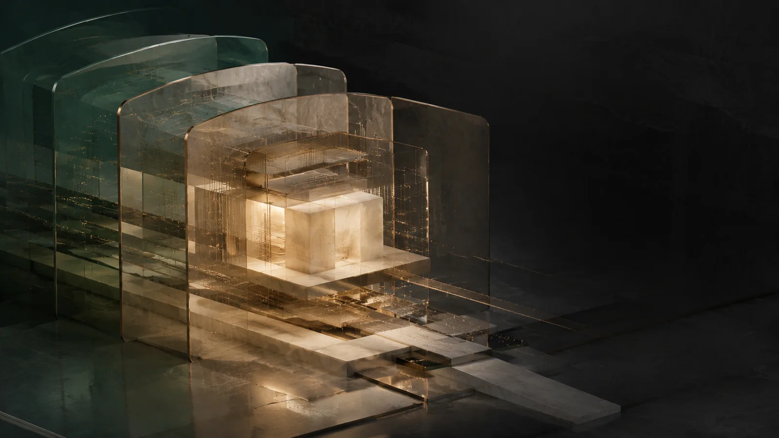 Abstract layered glass shells protecting an illuminated core, representing the group's lines of defence