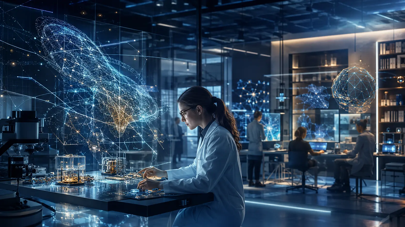 Avanti AI Labs researcher working with a large model visualisation in the group's applied research laboratory