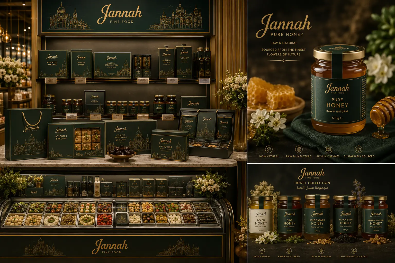Jannah Fine Food gifting display with baklava boxes, honey jars, dates and a honey collection of acacia, sidr, wildflower, black seed and orange blossom