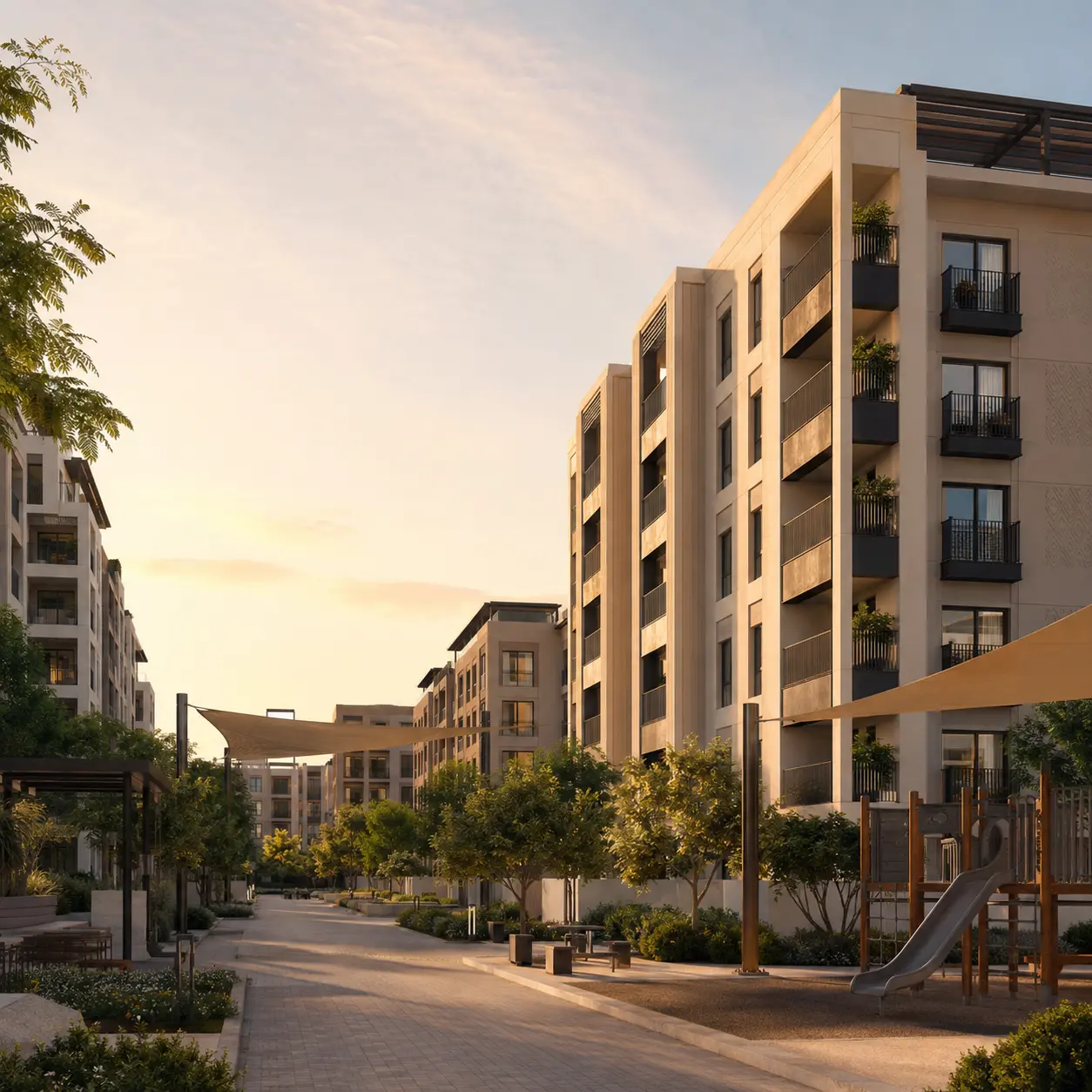 Shaded pedestrian street between mid-rise affordable housing blocks with trees, shade sails and a children's playground