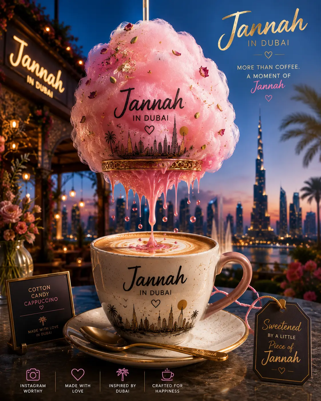 Jannah cotton candy cappuccino served in a branded cup topped with pink candy floss, with the Dubai skyline behind