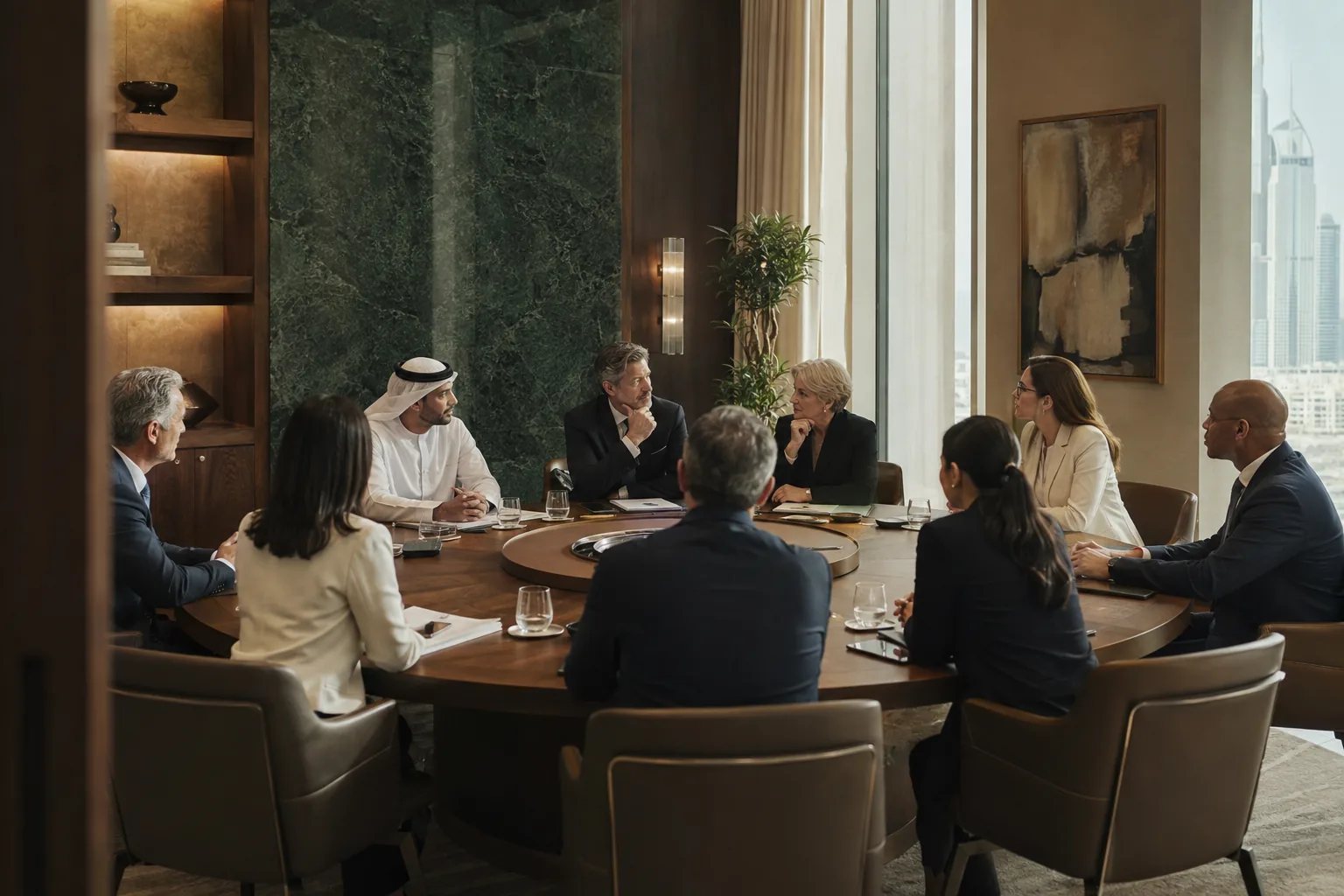 Board of directors in session around a round table overlooking the Dubai skyline