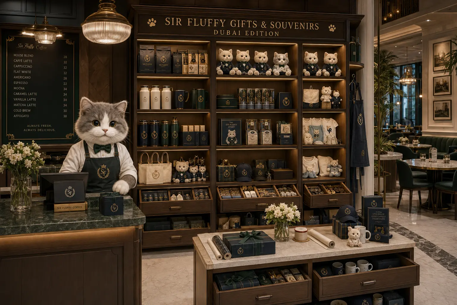 Sir Fluffy gift shelving with tins, apparel and gift-wrapped boxes beside the café bar