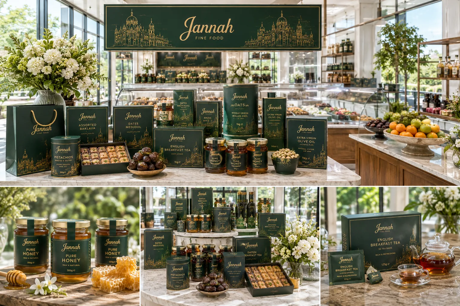Bright Jannah Fine Food market counter with a marble display of gift bags, baklava boxes, oats, olive oil tins and pure honey jars