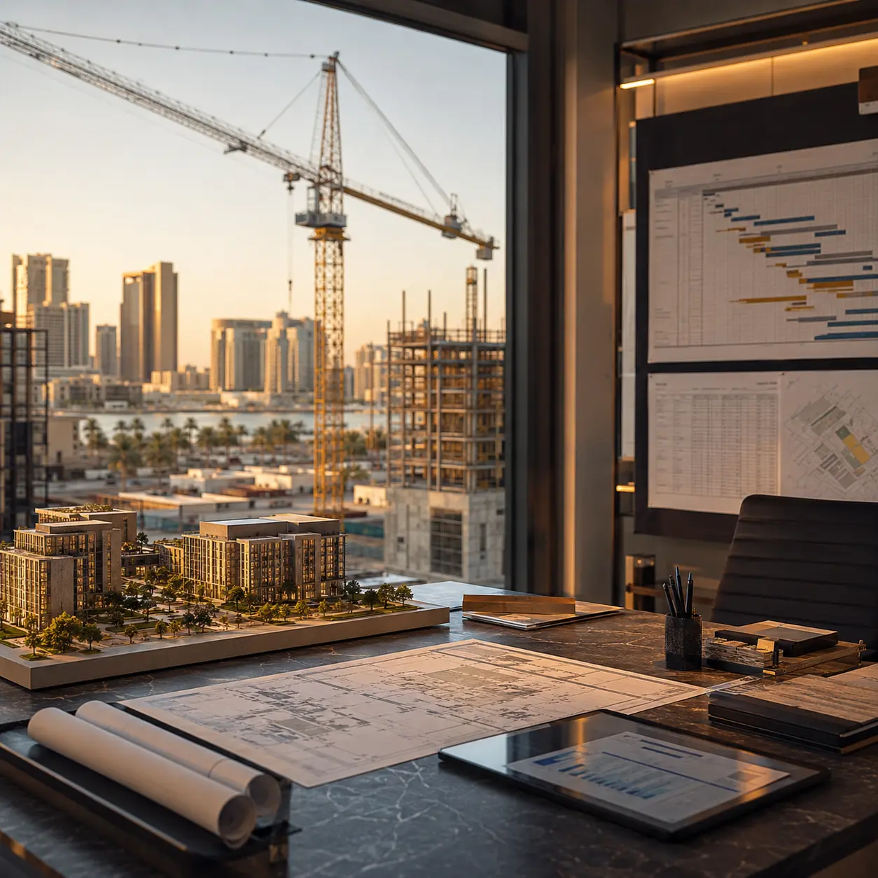 Project controls office overlooking a construction site, with a physical massing model, drawings and programme charts on the wall