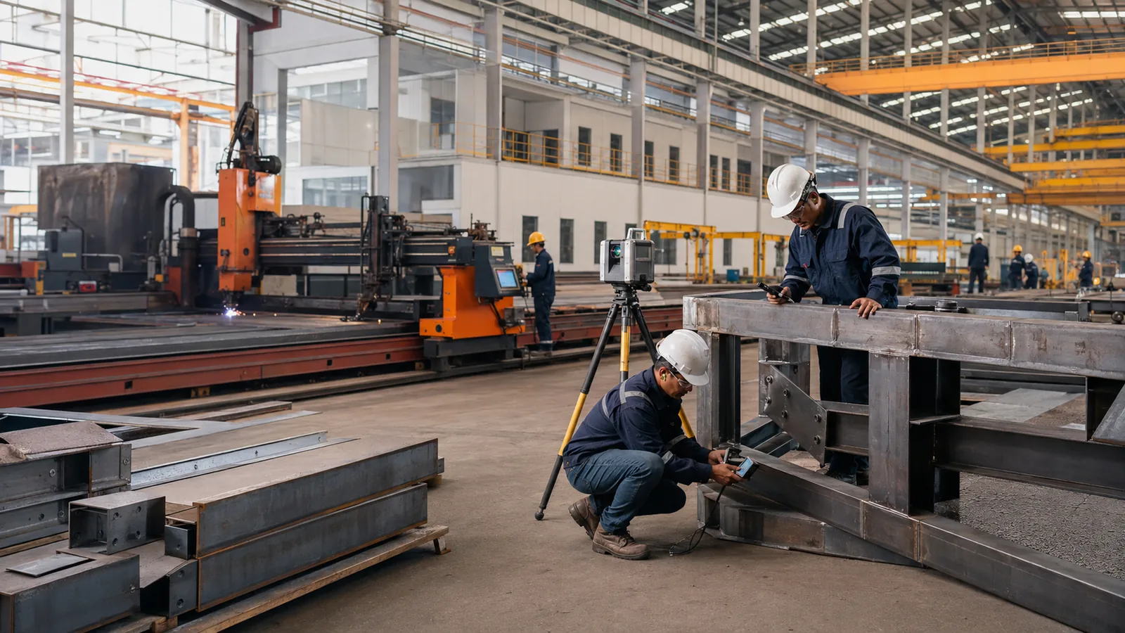 Two Avanti engineers in high-visibility vests checking dimensions and weld quality on a modular steel frame at an in-house inspection station, with measurement tooling and a documented quality checklist to hand