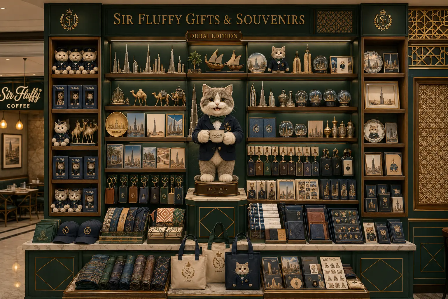 Sir Fluffy souvenir wall with Dubai landmarks, keyrings, postcards and scarves