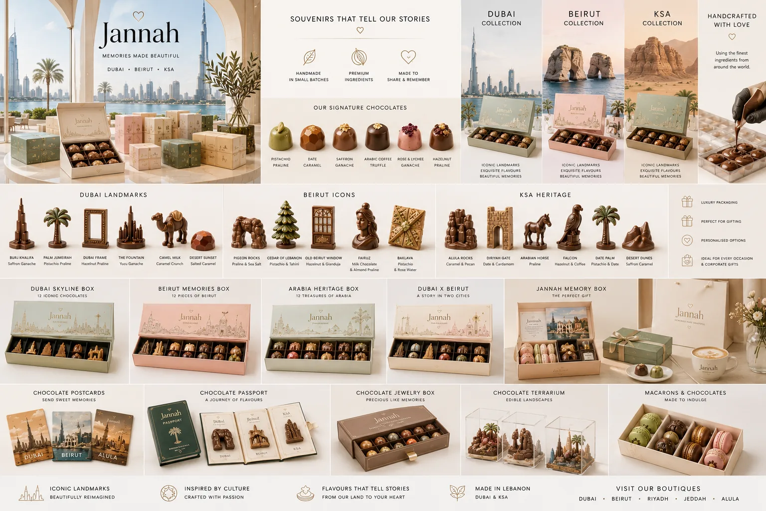 Jannah chocolate souvenir collections with Dubai, Beirut and Arabian landmark chocolates, skyline boxes, chocolate postcards, passport and jewellery box