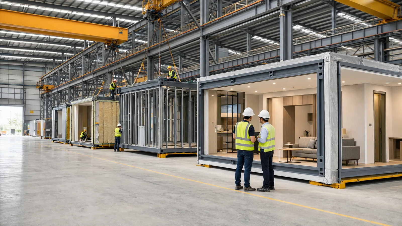 Wide interior view of the Avanti PPVC production hall, with completed volumetric bathroom and room modules lined up along the assembly line while technicians in white overalls carry out finishing and inspection work under bright overhead lighting