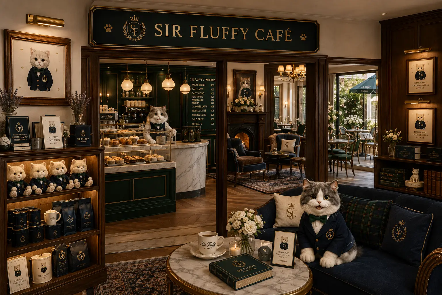 Heritage Sir Fluffy Café room in dark walnut with a fireplace, portrait wall, plush toy shelving and a marble pastry counter
