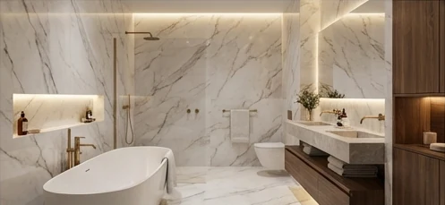 Premium Stone Look bathroom pod finish with marble-effect slabs and a freestanding bathtub