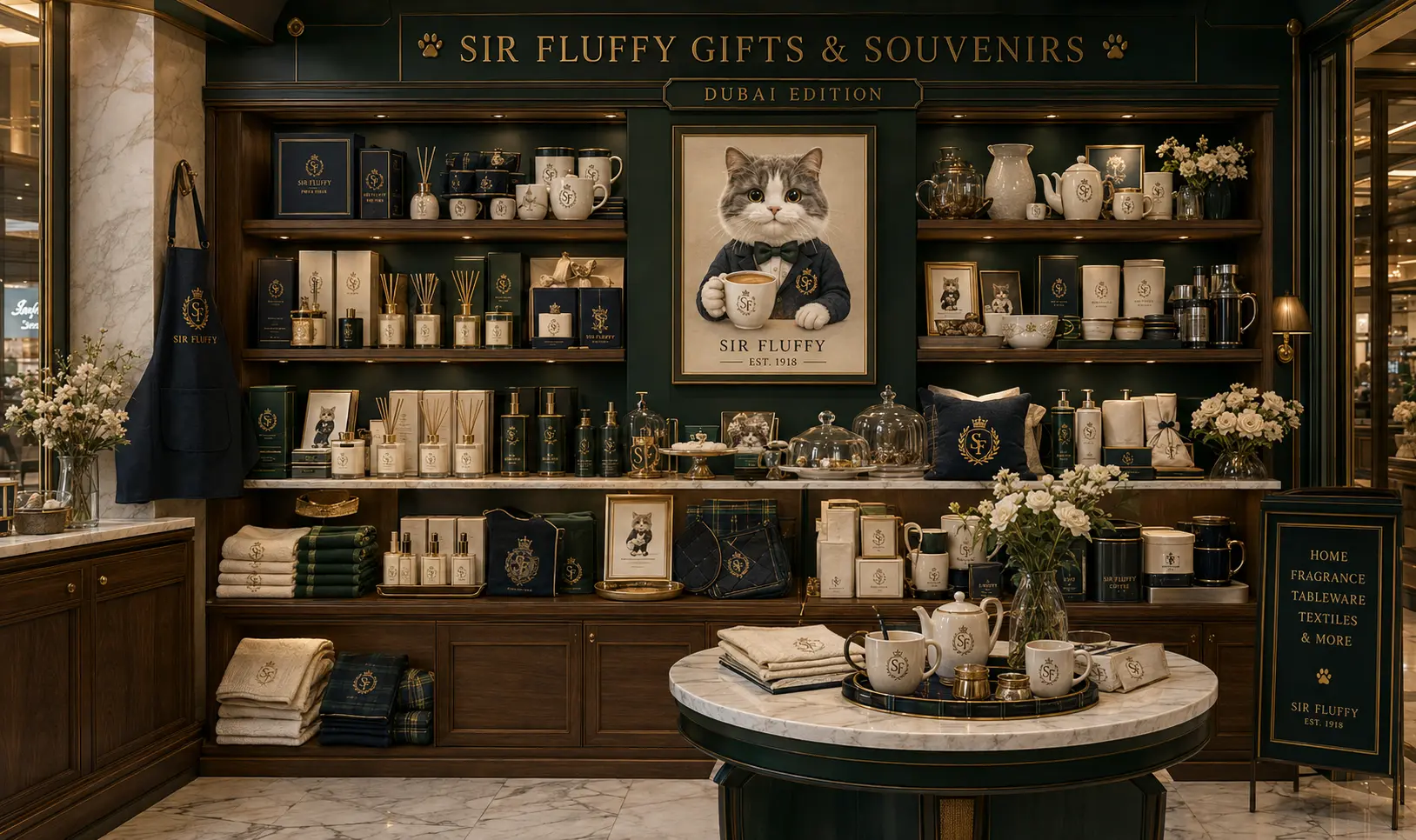 Sir Fluffy home fragrance, tableware and textiles display in forest green cabinetry