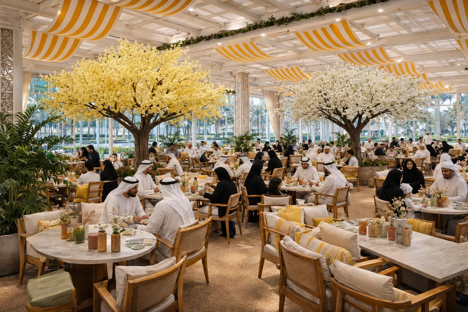 Jannah dining pavilion with blossom trees, striped canopies and families seated at marble tables