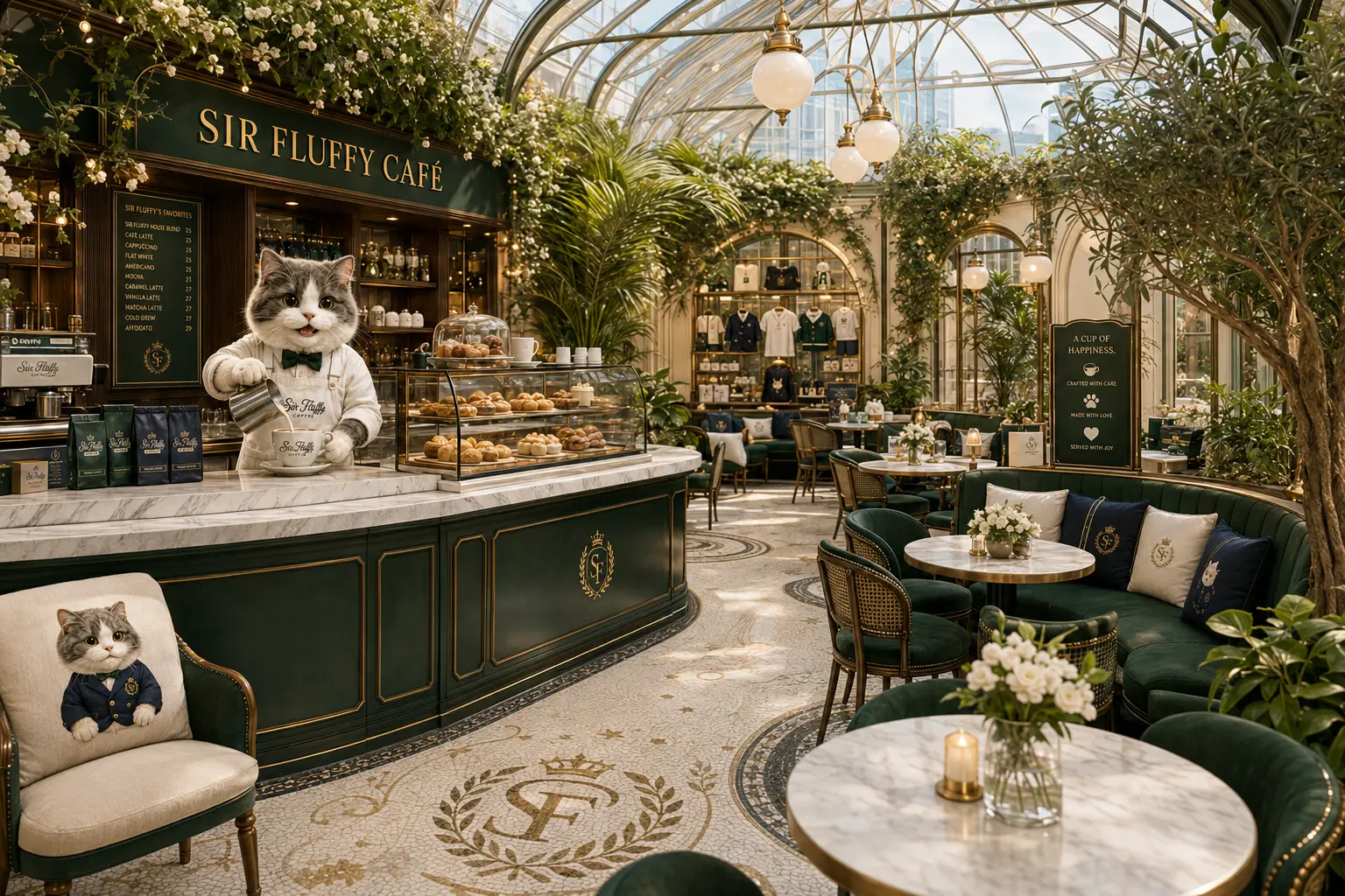 Sir Fluffy Café conservatory with a glass roof, deep green banquettes, marble floor mosaic and a pastry counter
