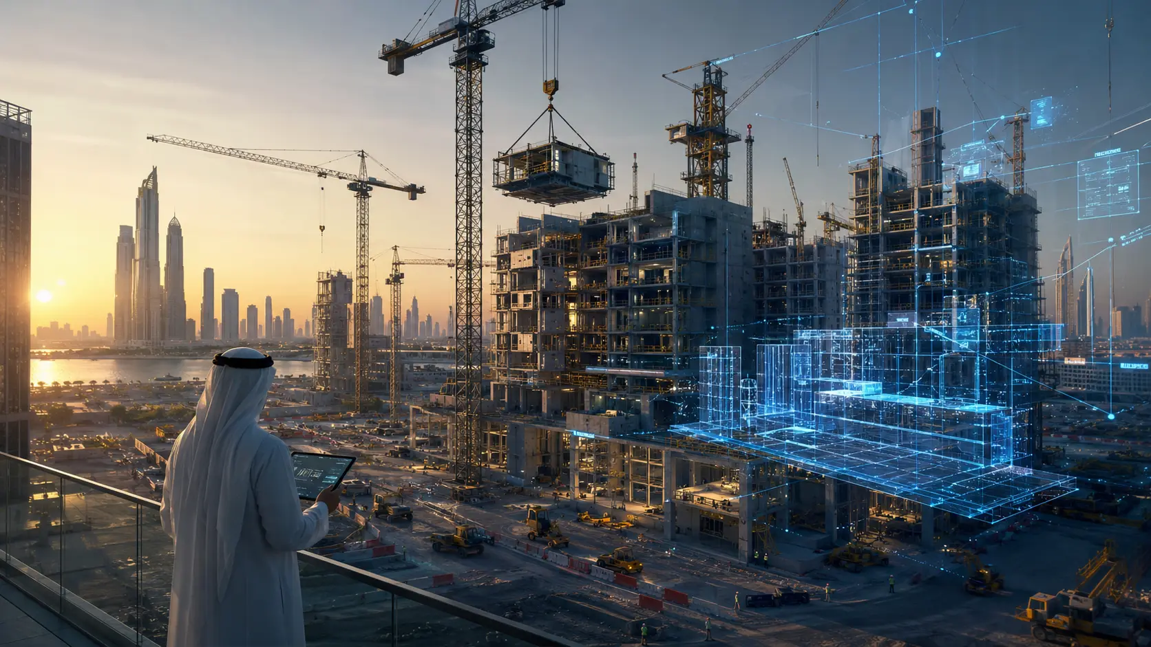 Avanti project director reviewing a live construction-AI overlay across a Dubai development site at sunrise