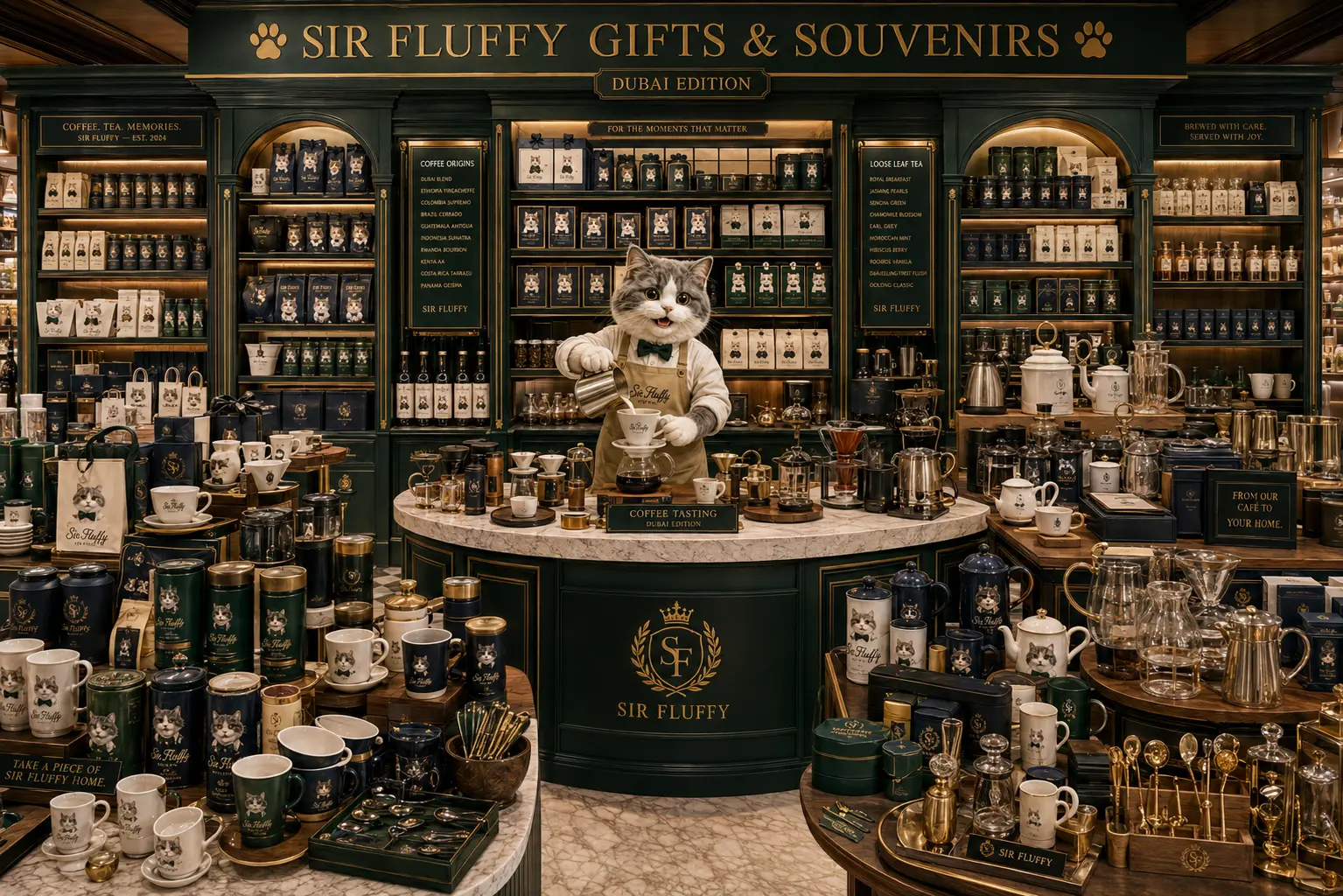 Sir Fluffy coffee, tea and tableware island with caddies, cafetières, mugs, teapots and brewing equipment