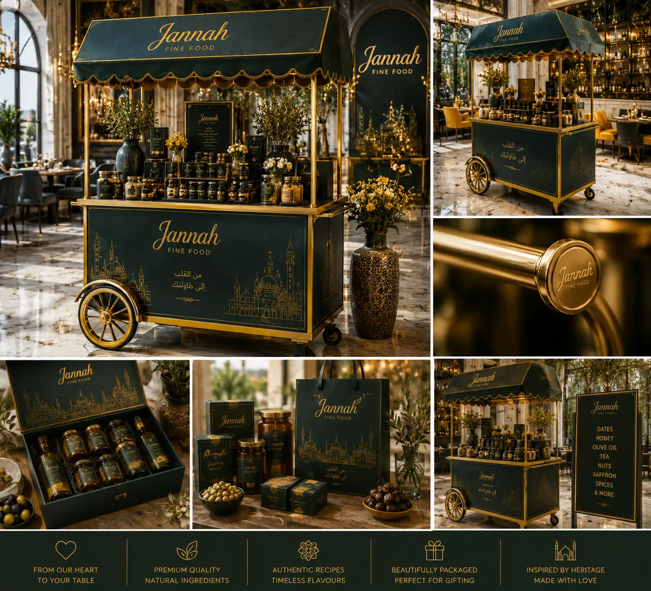 Jannah Fine Food mobile honey and tea cart in green and gold with brass wheels, product jars and a menu board listing dates, honey, olive oil, tea, nuts, saffron and spices