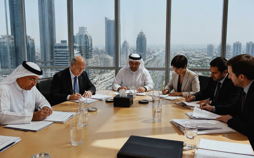 2006, Group headquarters, Dubai, UAE: Founding shareholders and directors seated around a boardroom table at the group's Dubai headquarters in 2006, signing the holding company documents. — Avanti Holding, Avanti Holding.