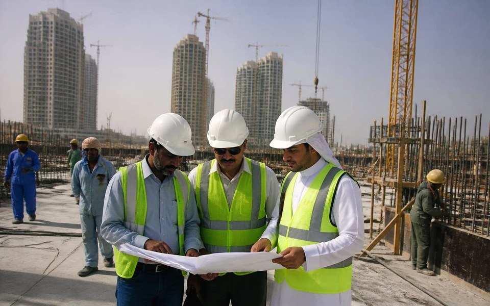 2007, Dubai, UAE: Tower cranes, climbing formwork and the group's own construction crews fixing reinforcement on an Avanti development site in Dubai in 2007. — Avanti Holding, Construction.