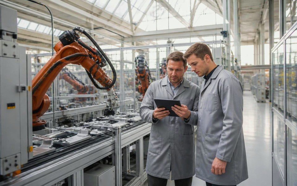 2015, Baden-Württemberg, Germany: Six-axis industrial robot arms working in a German manufacturing cell in Baden-Württemberg, with automation engineers monitoring the line at a control station. — Avanti Holding, BLACK Robotics.