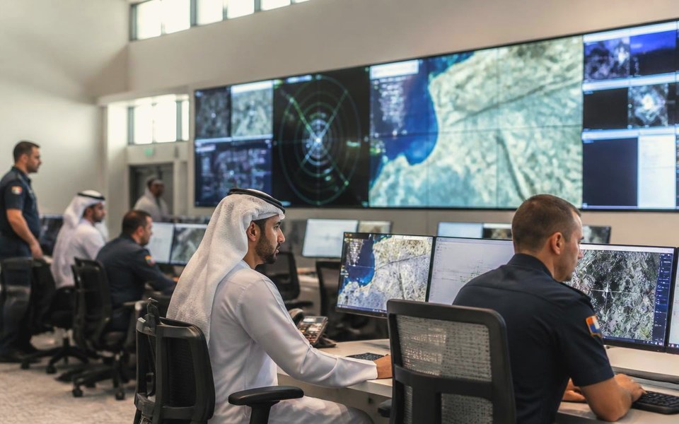 2017, Abu Dhabi, UAE: Cleared systems engineers working at command-and-control consoles in a secure operations room in Abu Dhabi in 2017. — Avanti Holding, Avanti Defence Systems.