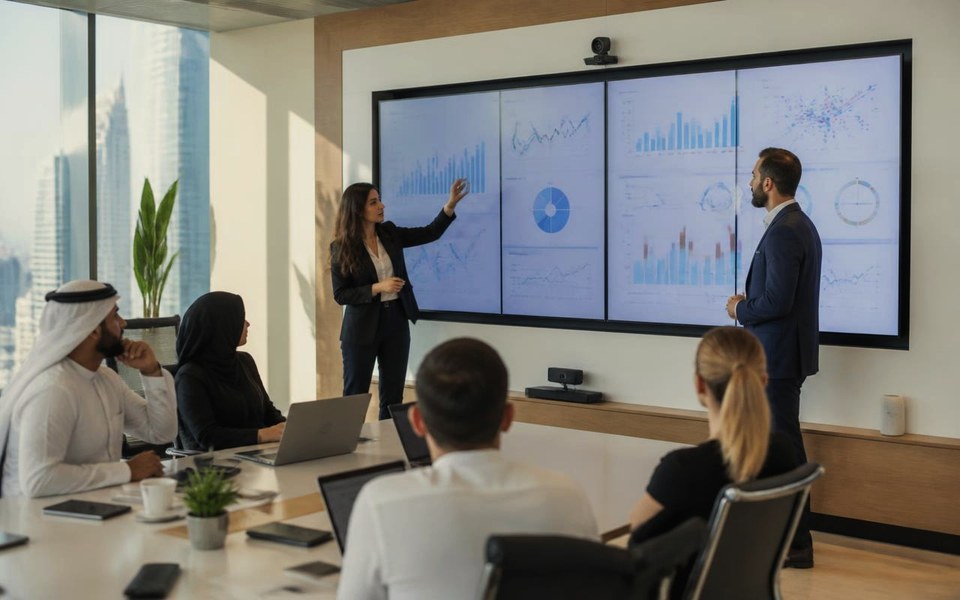 2025, Dubai, UAE and London, United Kingdom: Product and client engineering teams reviewing live Arabic and English voice-agent dashboards on screens in a bright enterprise office in 2025. — Avanti Holding, Enterprise AI.