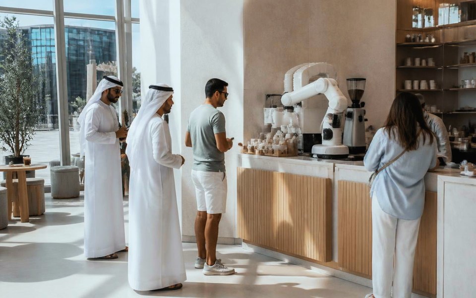 2026, Avanti communities and campuses, Dubai, UAE: Visualisation of customers collecting orders from an automated counter in a planned Sir Fluffy AI-powered café and checkout-free store in a Dubai community. — Avanti Holding, Hospitality & Autonomous Retail.