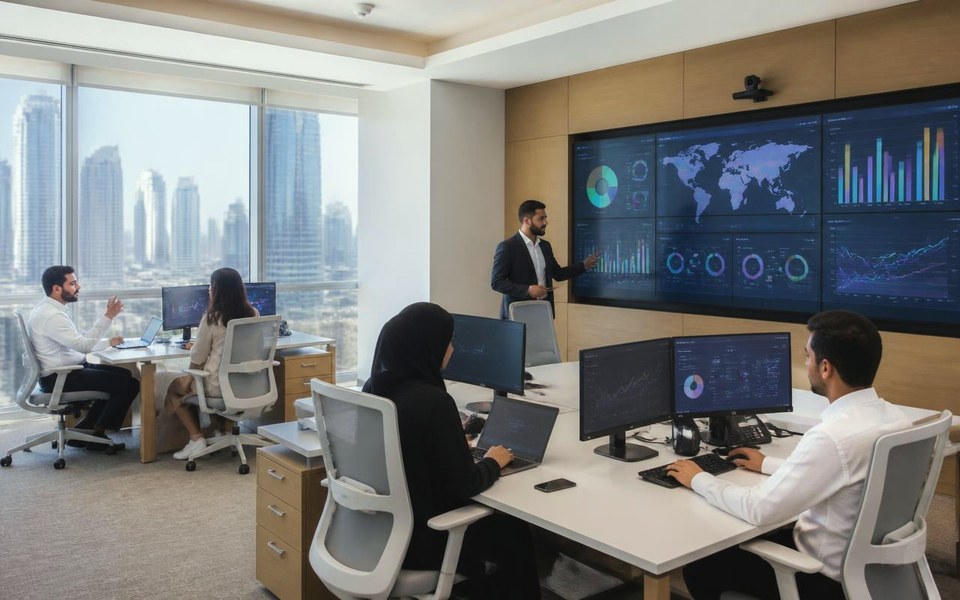 2027, Group-wide, engineered in Dubai, UAE: Visualisation of platform and data engineers reviewing live group-wide analytics dashboards for the planned Avanti Business Operating System on a wall of screens in Dubai. — Avanti Holding, ABOS.