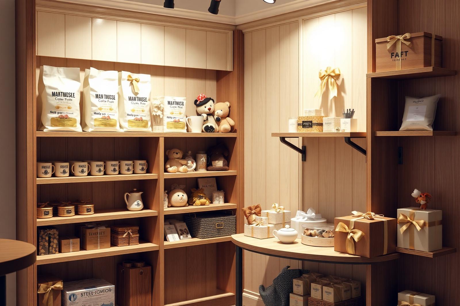 Sir Fluffy gift corner with coffee bags, mugs, plush toys and gift boxes